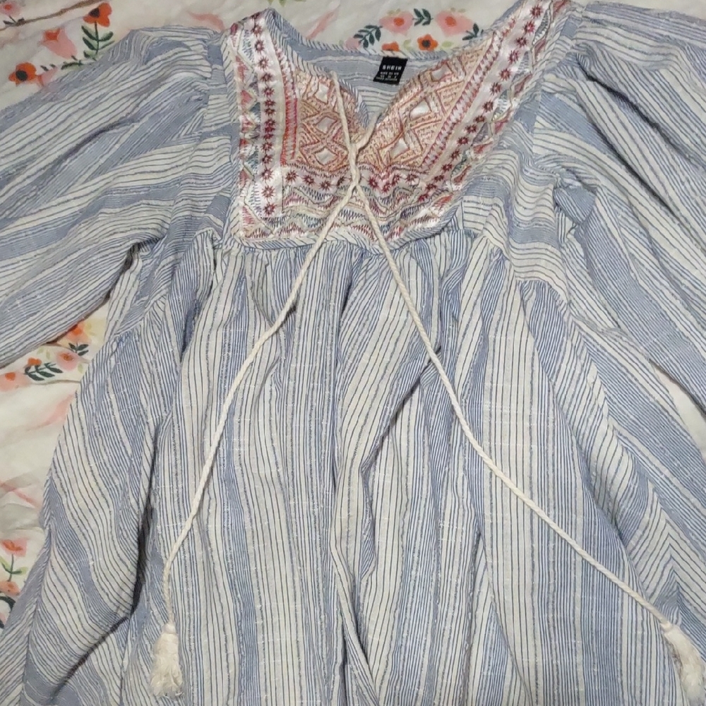 SHEIN Blue and White Striped Dress with Embroideryand Puffed Sleves. FlareBottom